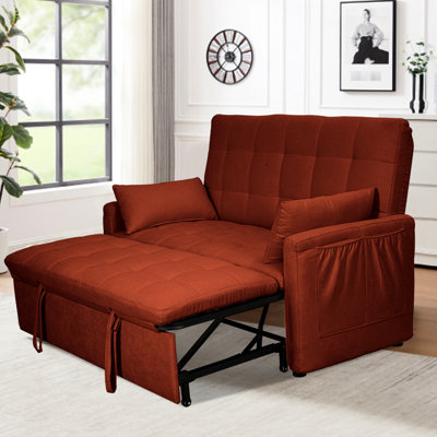 Lit convertible 2 en 1 de 61 pouces, structure en fer renforcé, rangement des deux côtés, revêtement en lin rouge réglable, mousse à mémoire de forme confortable pour chambre à coucher, salle de jeux, appartement, avec cadre,