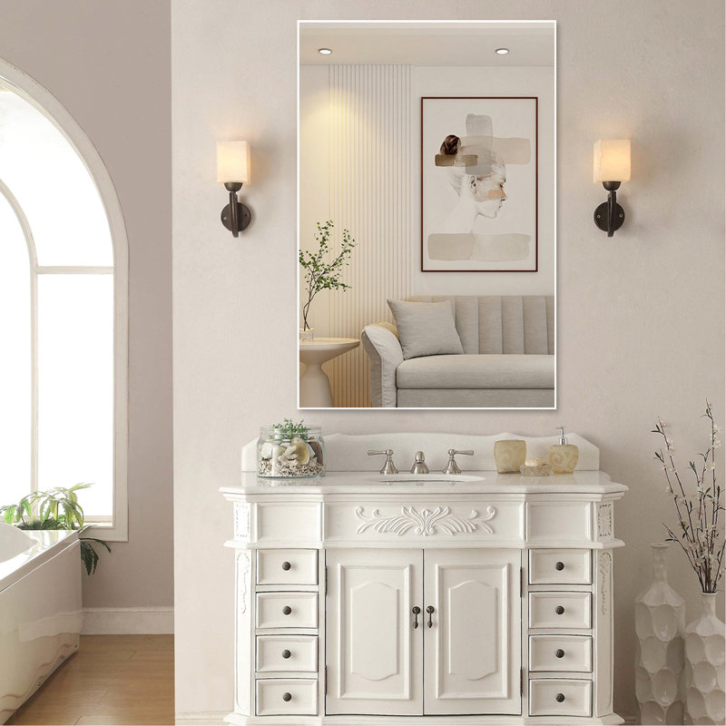 48''x32'' White Frame Bathroom Mirror, -proof, Easy To Up For Bedroom, Living Room, Versatile Mount Options Available, Vertical Or Horizontal 48"x32" Modern Bedroom Mirror With Aluminum Frame, -proof