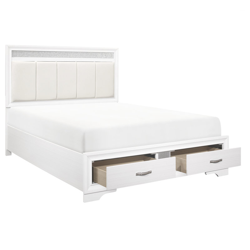 Grand lit moderne avec tête de lit tapissier en similicuir et rangement, style, finition blanche, accent de paillettes argentées, chambre à coucher avec tiroirs plateforme en bois