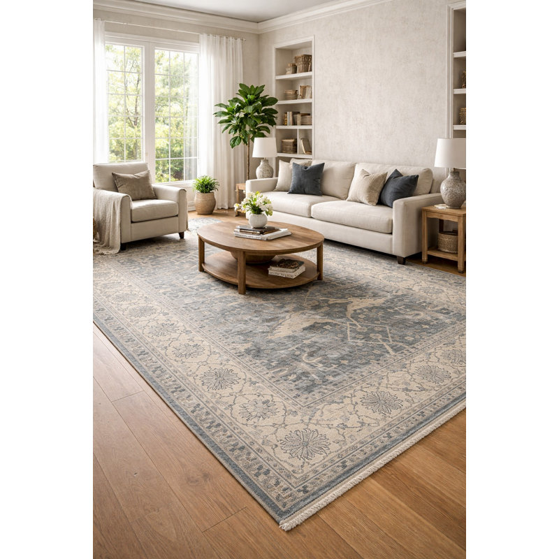 Tapis gris floral en laine noué à la main 9 pi 9 po x 13 pi 10 po Floral