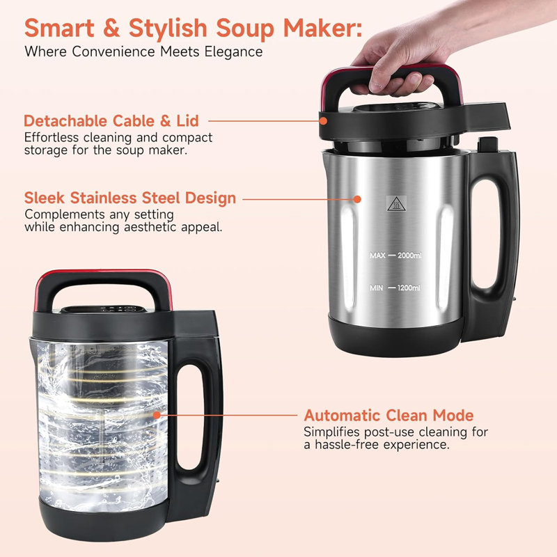 Soup Maker 2 L, 6 in 1 Heating Blender Smoothie Blender with Self-Clean, Red/Black
