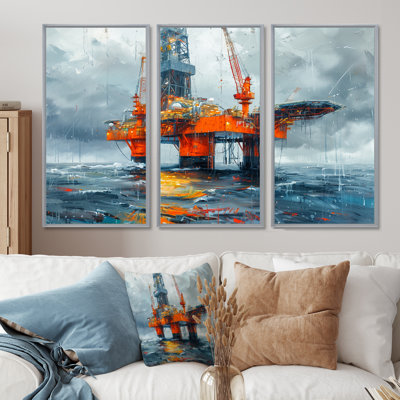 «Grey Orange Summer Oil Rig In Ocean» - ensemble d'art mural de plateformes et champs de pétrole