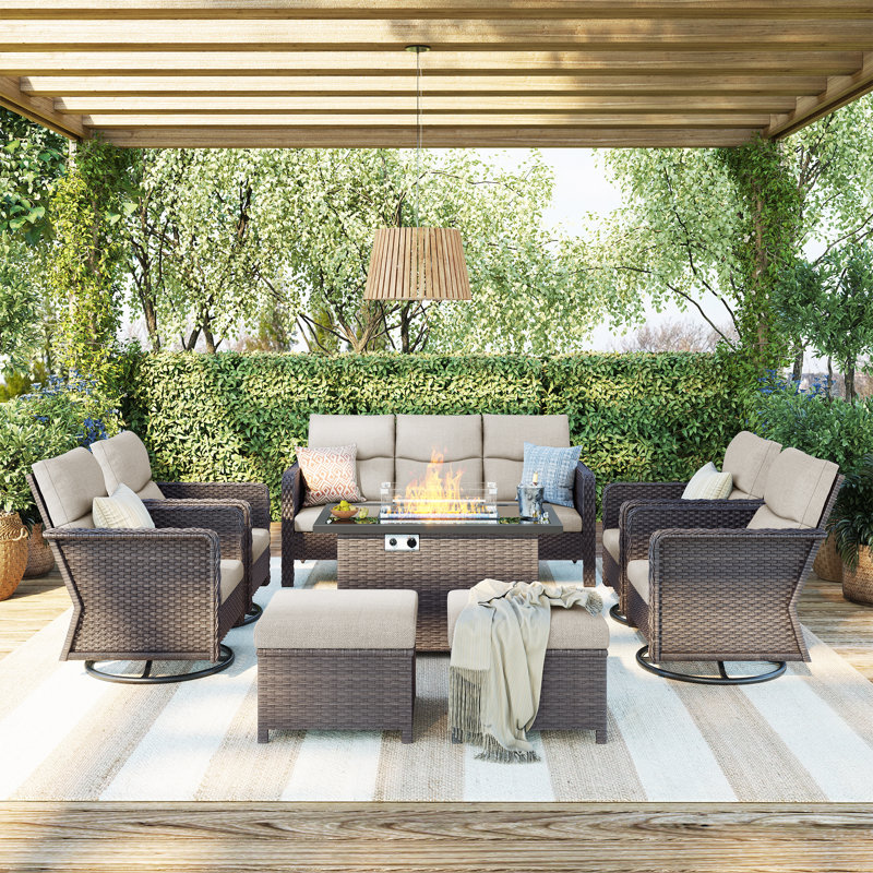 9 - Person Outdoor Swivel Rocking Chair Conversation Set With Fire Pit Table And Cushions, Beige