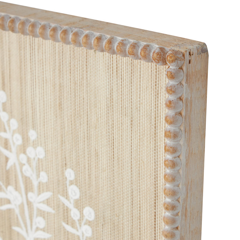 Wood Textured Floral Cream Wall Decor with White Painted Accents and Beaded Frame