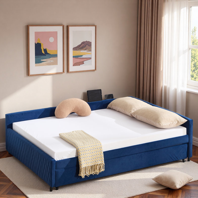 Upholstered Daybed With Trundle And Usb, Navy