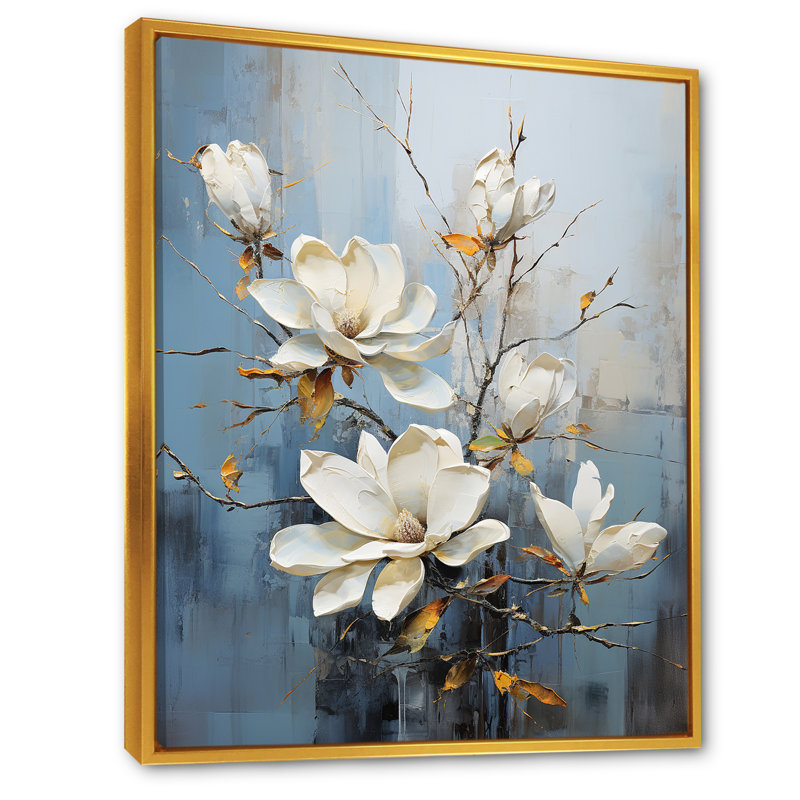 «Magnolias Bloom In White V», reproduction sur toile, Cadre flottant doré, H 20 po x l 12 po x P 1 po