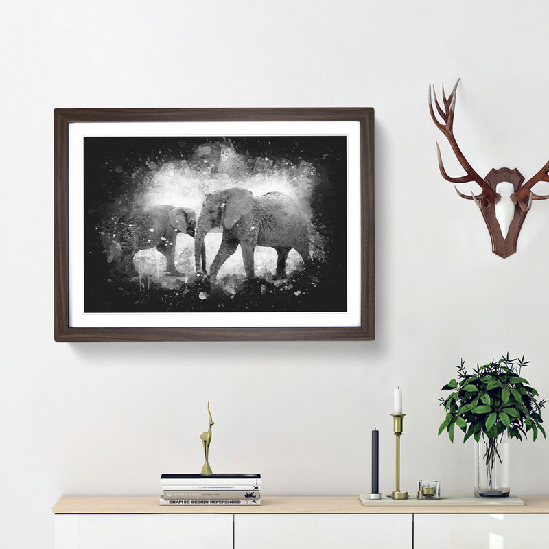 Elephants Crossing Paths Paint Splash - Framed Print, 62cm H x 87cm W x 2cm D, Walnut Framed