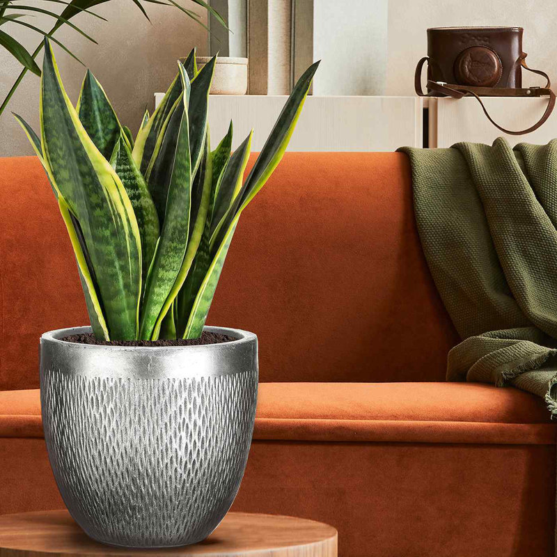 Concrete Effect Indoor Plant Pot, Indoor Planter with Metallic Looks, Small Flower Pot with Mesh Pattern D26.5 H24.5 cm, with Inner Top D22.5 cm, 13 litres
