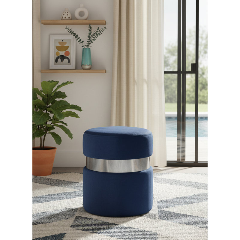 Hailey 14.5" Wide Velvet Round Cocktail Ottoman, Navy Velvet, Chrome