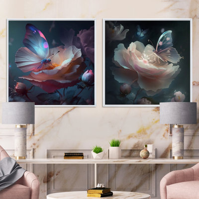 Fleur crème crème avec papillons en fleurs - ensemble de 2 collages floraux carrés