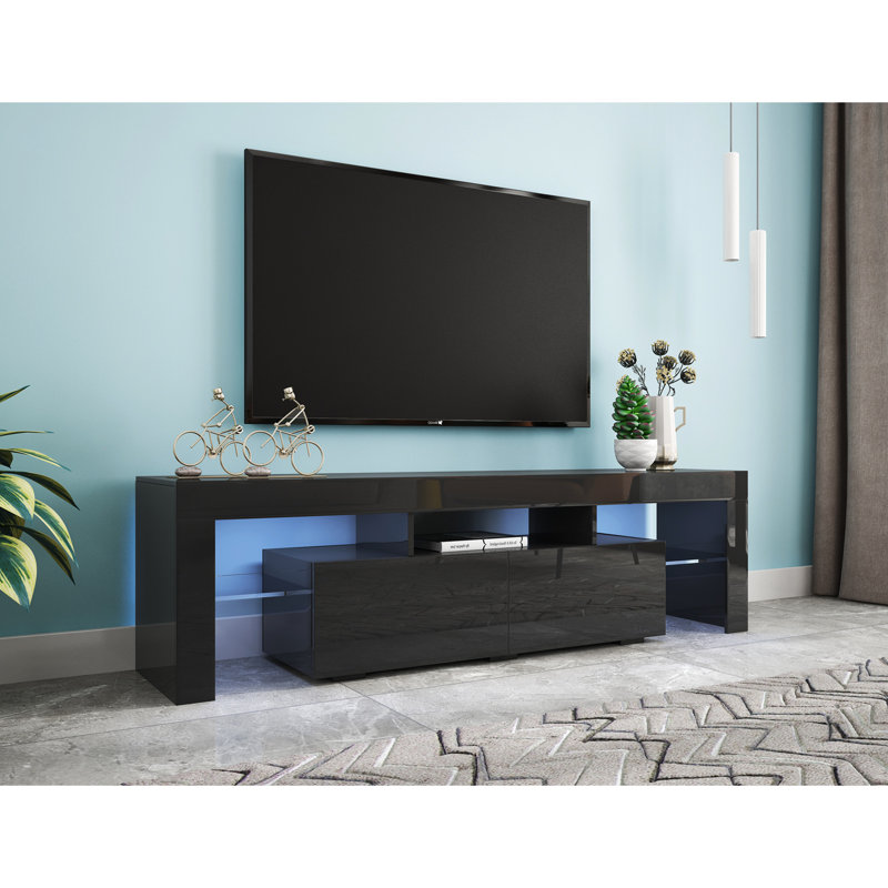 Meuble télé moderne noir pour téléviseur de 60 à 69 pouces avec télécommande et 20 couleurs à DEL