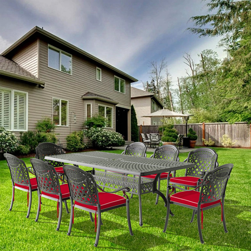 Ensemble de 9 meubles de patio en aluminium moulé avec coussins rouges