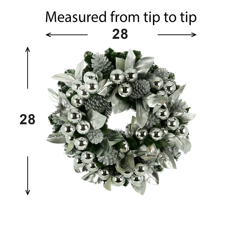 28' Shiny Leaves Holiday Wreath, 28'' H X 28'' W X 11'' D, Silver