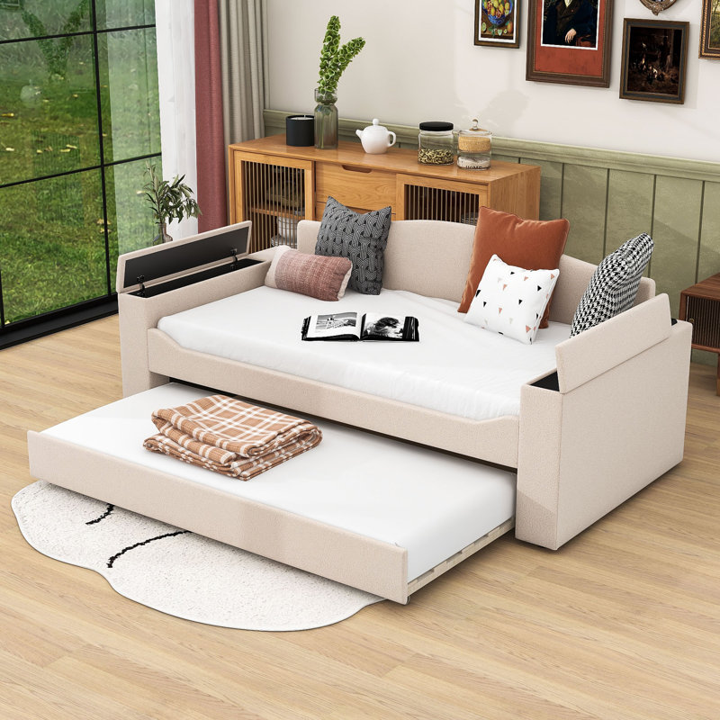 Heorhi Upholstered Daybed with Twin Size Trundle, Beige, Twin