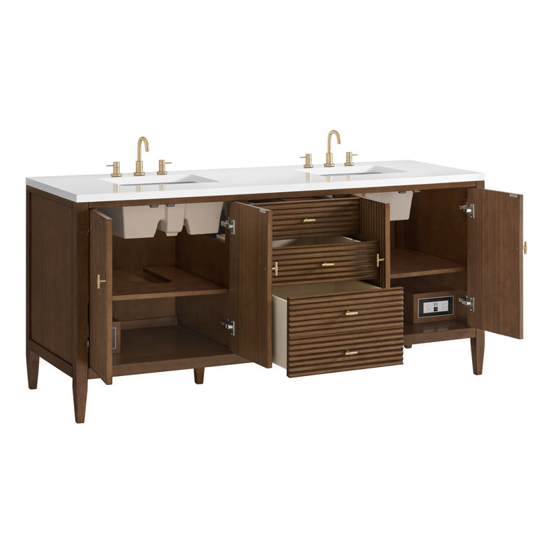 Ensemble de meuble-lavabo double 72 po Myrrin, Noyer style Mid-Century, Blanc Zeus, 8 po