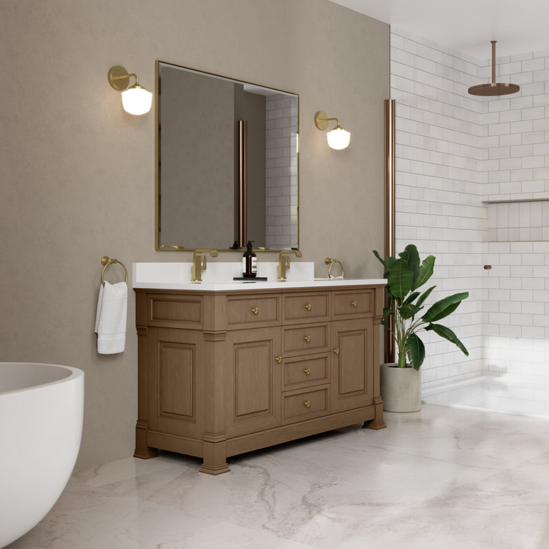 Brookfield 60'' W Double Vanity, Single Hole, Pecan, White Zeus