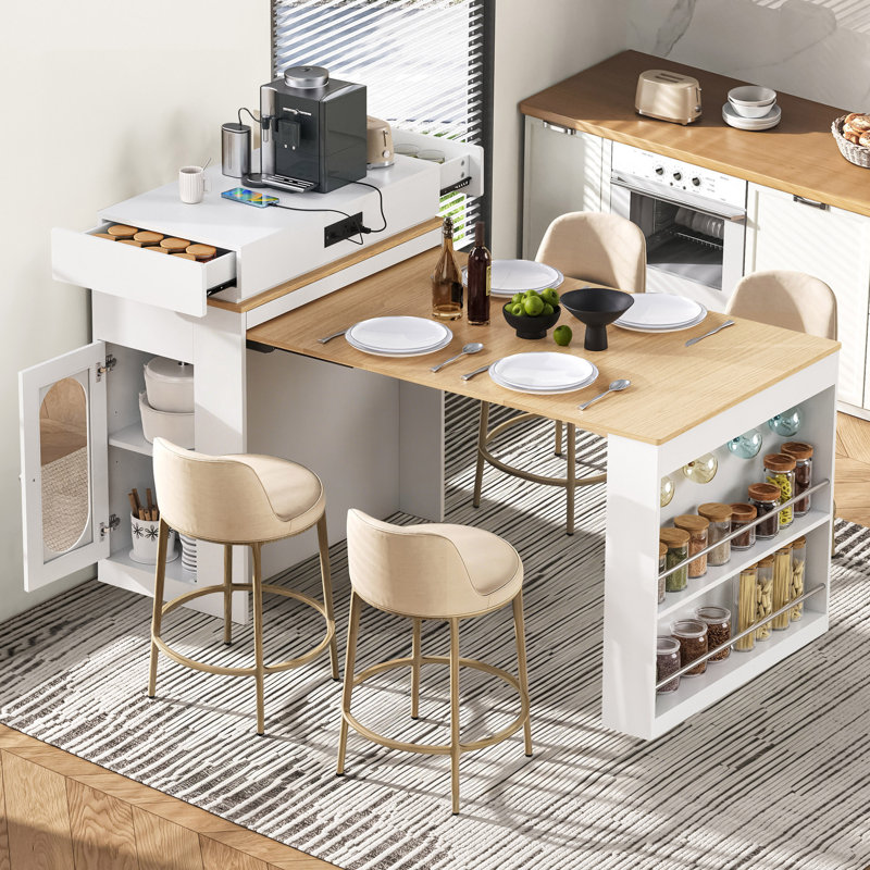 57.7" Kitchen Island With Extendable Top On Wheels, Kitchen Dining Table, Bar Table With Drawers And Power Outlet For Kitchen And Dining Room