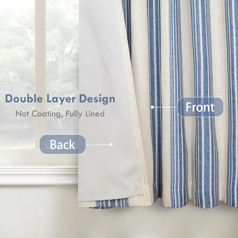 Chris Vertical Striped Linen Blend Lined Thermal Insulated Blackout Rod Pocket Back Tab Curtains, 52" W x 54" L, Jean Navy