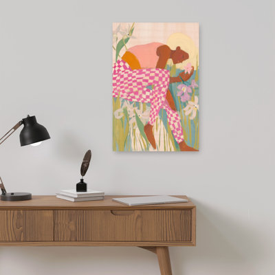 Woman Picking Flowers Dreamy Vibrant Flower Nature Wall Art Print by Mathieu - Wrapped Canvas Print