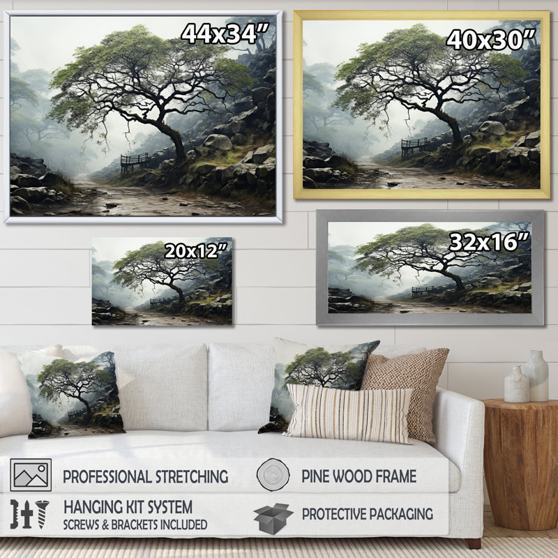 Arbre vert, élégance monochrome sur toile, Cadre flottant noir, H 24 po x l 32 po x P 1 po