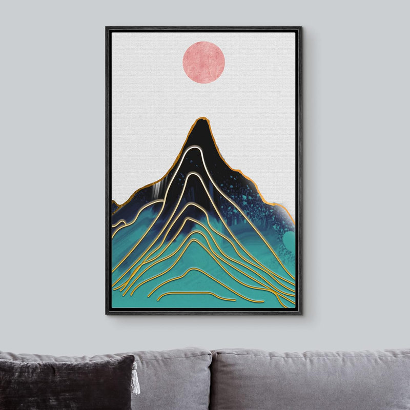 Soleil, chaîne de montagnes, paysage abstrait, illustrations, moderne, rustique, H 36 po x l 24 po, Noir