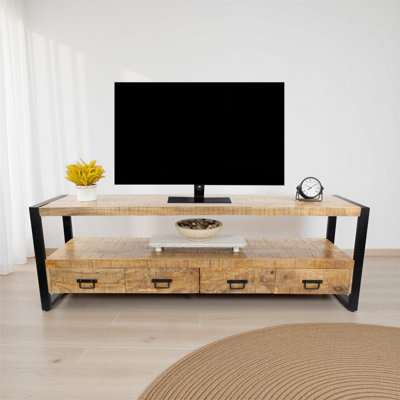 Solid Mango Wood Industrial TV Stand with Storage Drawers