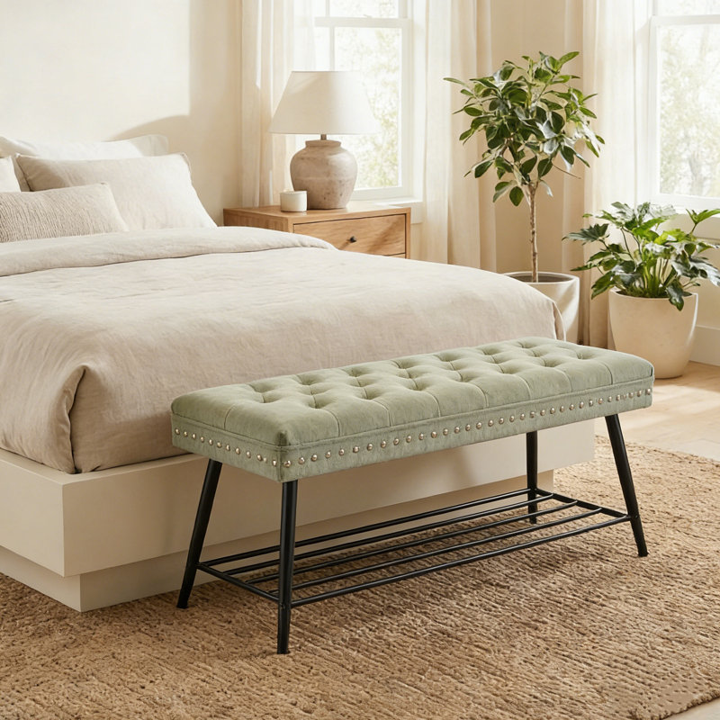 Vintage Tuft Nailhead Shoe Bench, Storage Shelf, Upholstered Entry Bench, Green