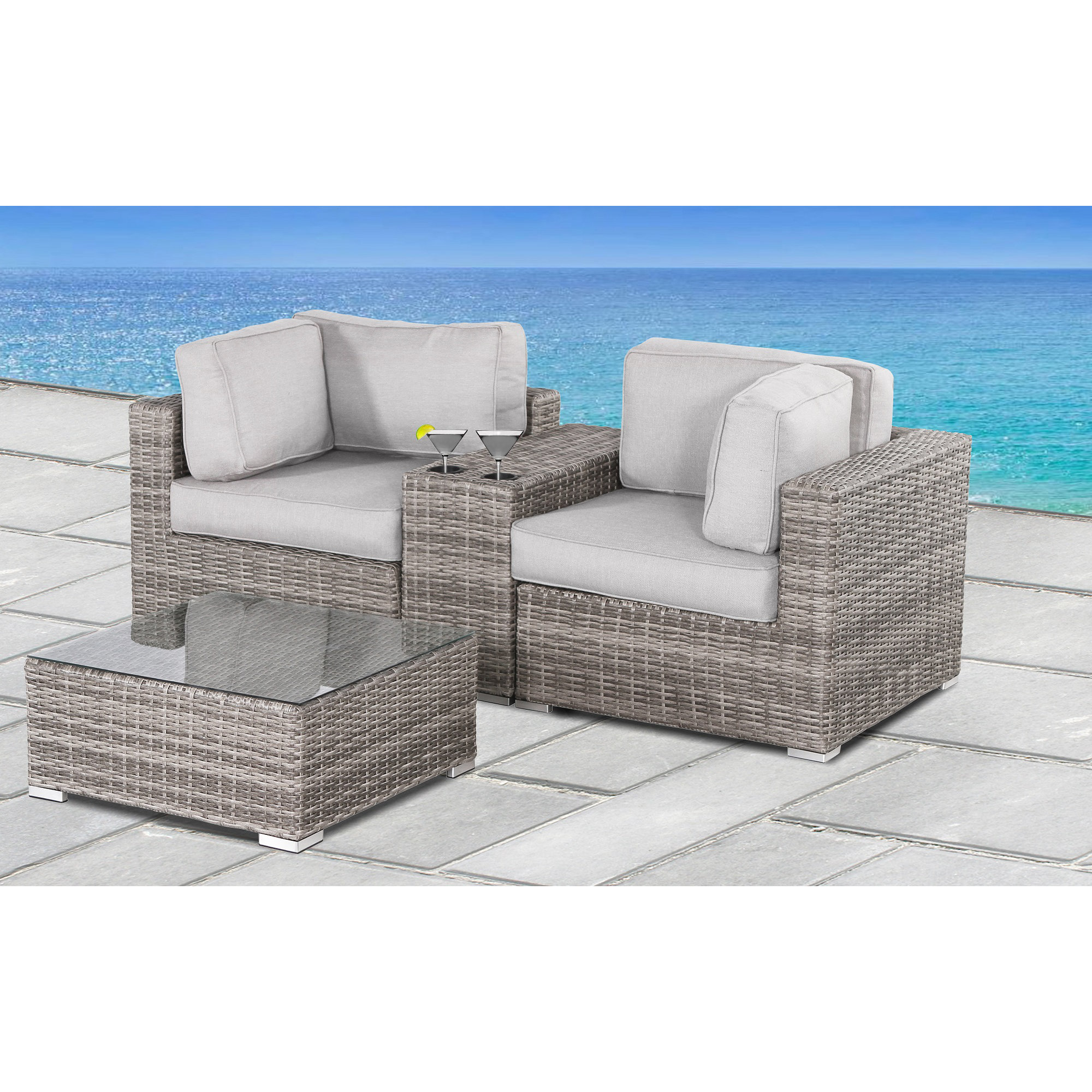 Tonioni Wicker Fully Assembled 2 - Person Seating Group with Cushions, Canvas Canvas Sunbrella® Canvas