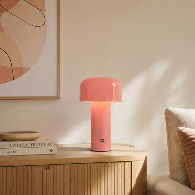 Lampe de table ronde contemporaine à une lumière, fini rose et abat-jour champignon en acrylique opaque, idéale pour les chambres d'hôtel de charme (intensité variable).