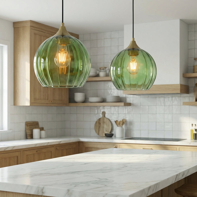 Luminaire suspendu sphérique en verre 2 lumières à hauteur réglable pour îlot de cuisine, Vert, Laiton brossé, Paquet de 2