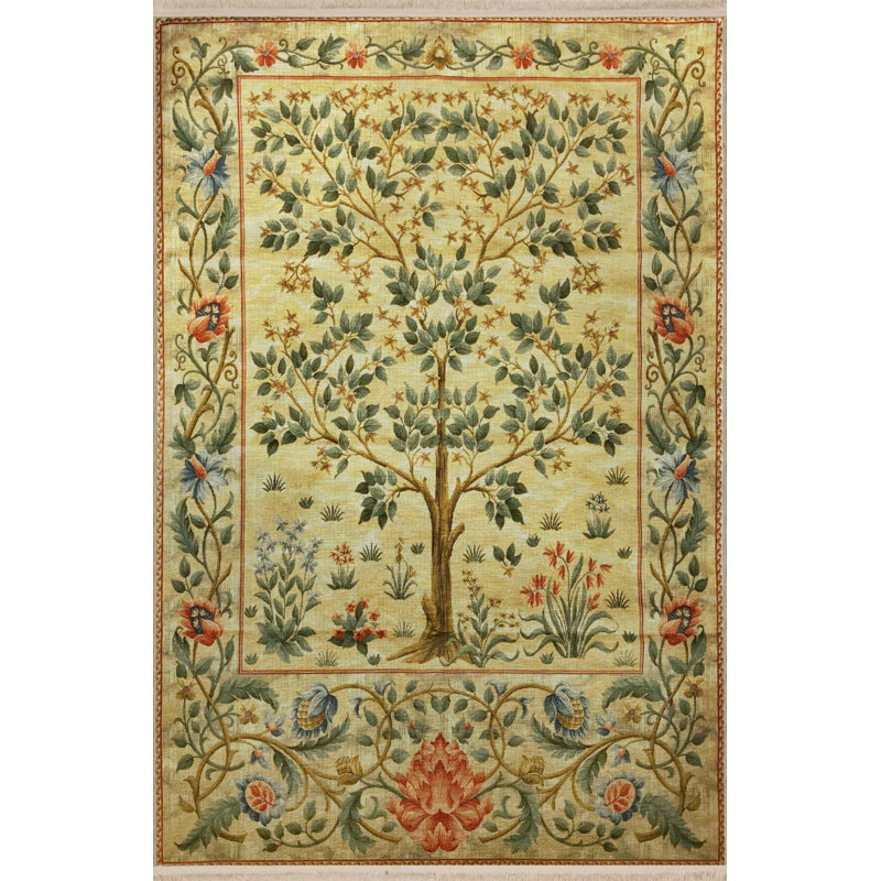 Tapis décoratif vert frangé à motif arbre vert et lierre, Tapis de couloir 4 pi x 9 pi 11 po