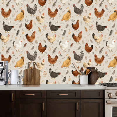 Peel and Stick Wallpaper Vintage Farm Chicken Seamless Hand Drawn Hens Neutral Contact Paper Removable Self Adhesive Wall Mural Wall Decor for Bedroom Kitchen Cabinets 17.7in x 118in