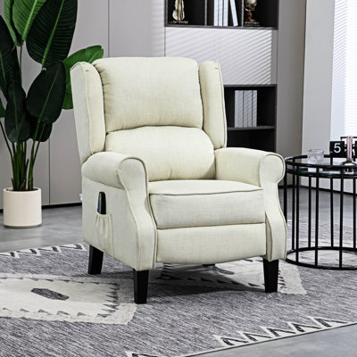 Fauteuil inclinable de massage vibrateur avec chaleur - Tissu en lin à oreilles simple pour chambre à coucher, repose-pieds et poche latérale, blanc chaud dans le salon, tissu chauffant, à oreilles, poche