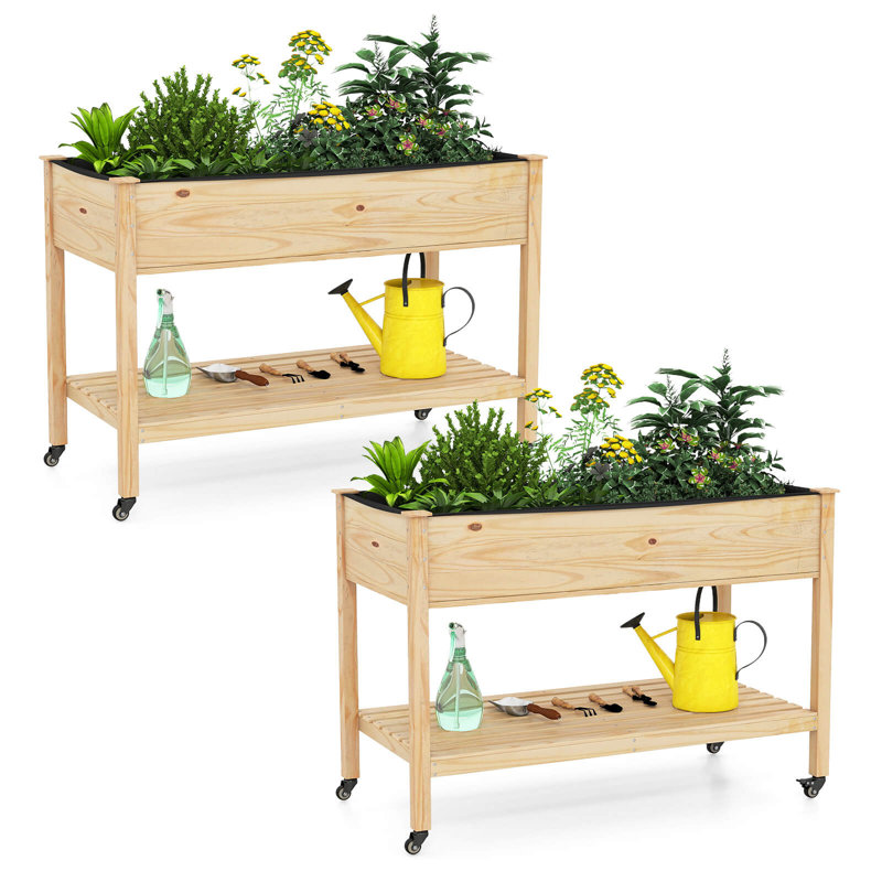 Lit de jardin surélevé en bois 2 pièces avec pieds, roues verrouillables, doublure pour herbe végétale, Ensemble de 2
