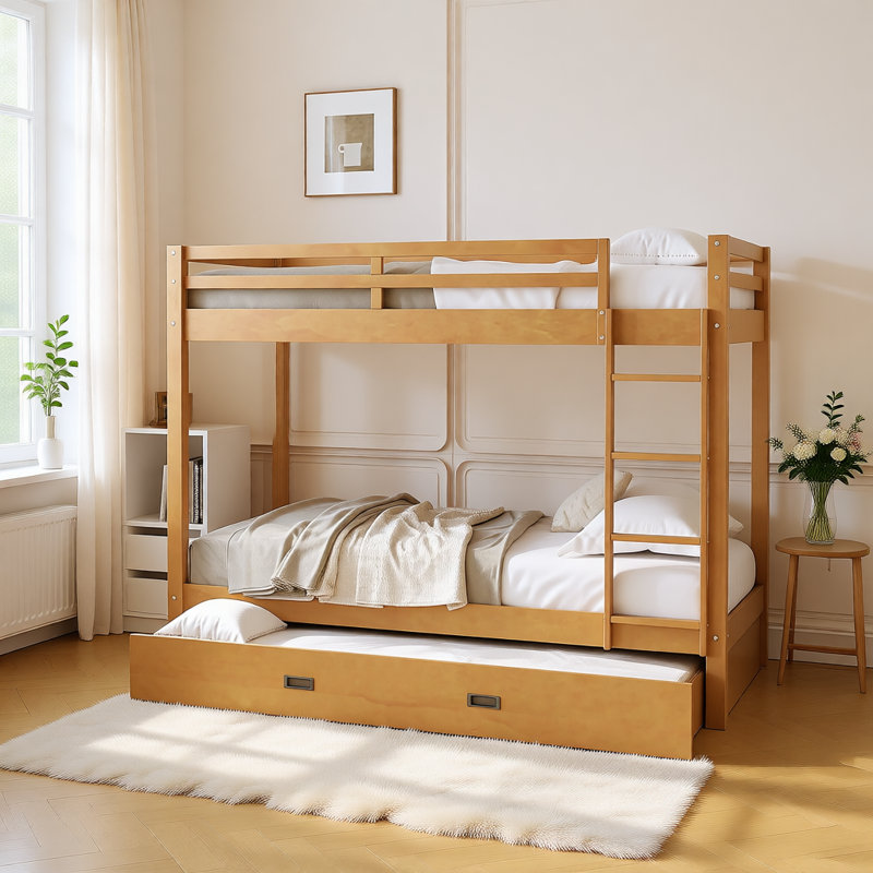 Wood Queen Size Bunk Bed with Ladder and Twin XL Trundle, Solid Pine Frame, Guardrails & Space-Saving Design, White
