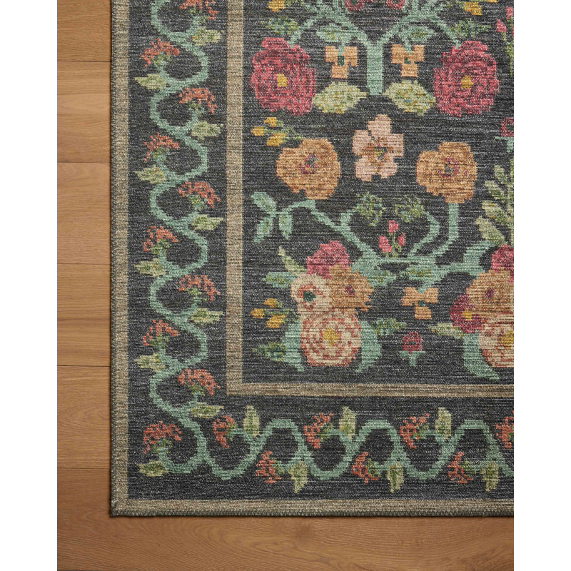 Black Floral Synthetic 5' x 7' Area Rug