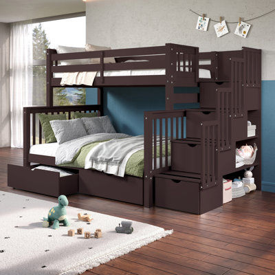 Tena Solid Wood Standard Stairway Bunk Beds Twin over Full, 4 Drawers in the Steps, 2 Under-Bed Drawers, Dark Cherry