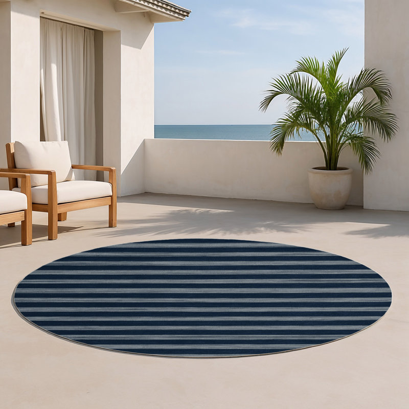 Tapis intérieur / extérieur bleu HorizontalStripes, Rond 5 pi