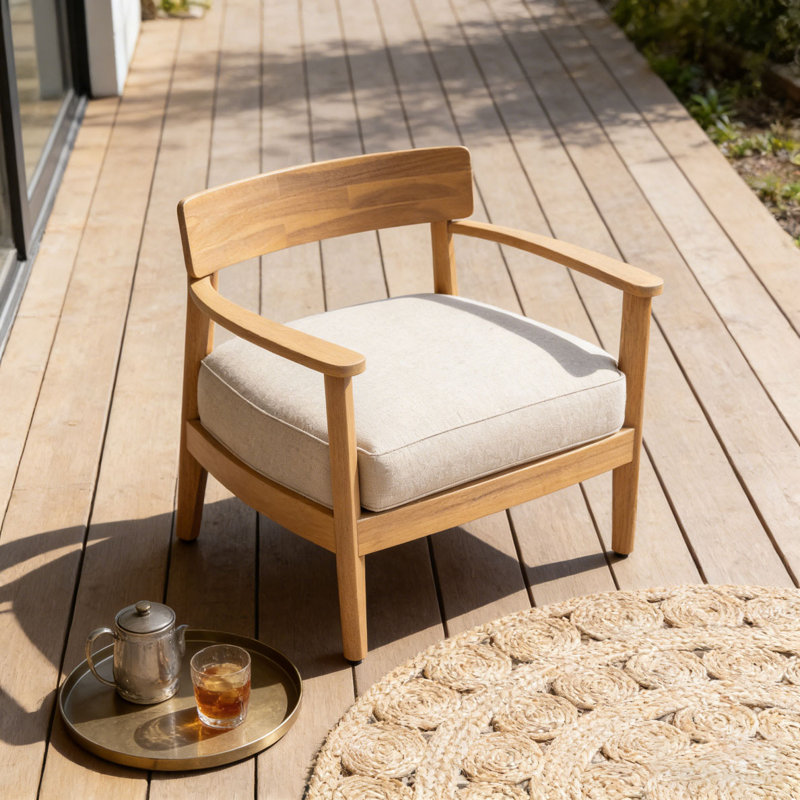 Wood Club Chair With Seat Cushion, Beige-Quantity 1