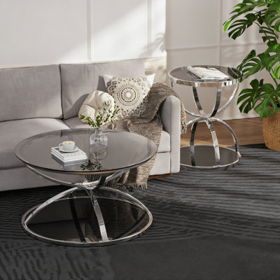 Ensemble de tables basses modernes en verre avec 2 niveaux, cadres en forme d'anneau, finition chromée et verre trempé, ensemble de tables basses rondes pour le salon, la chambre à coucher et le bureau (ensemble de 2)