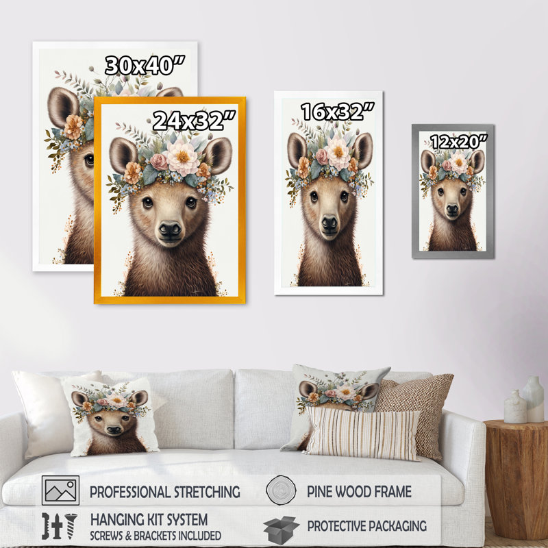 Mignon bébé ours avec couronne florale IV - animaux, art mural sur toile, L 30 po x H 40 po, Toile avec cadre photo doré