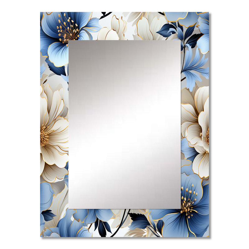 Zadia Blue And White Floral Dream Pattern - Floral Wall Mirror, Cottage Decorative Mirror, Printed Metal Art, 32" x 24"
