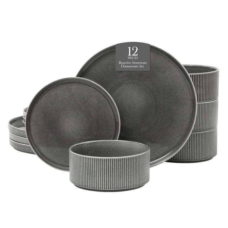 Gibson Elite Solana Coast 12 Piece Stoneware Reactive Glaze (Service for 4) Ceramic Plates and Bowls Modern Shape Embossed Dinnerware Set