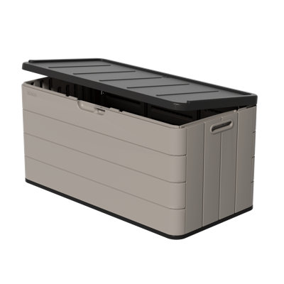 110 Gallon Outdoor Deck Box, Large Waterproof Resin Storage Box with Lid Support Rod, Lockable Lid and Side Handles, Patio Cushion Storage Bench for Poolside