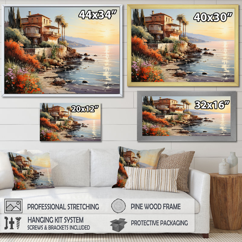 Espagne, coucher de soleil, Coastilne, reproduction sur toile, H 30 po x l 40 po x P 1,5 po, Cadre flottant noir