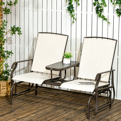 Deux bancs coulissants pour la cour et le patio - Beige avec siège en tissu. Cadre en acier porche, jardin. Temps de détente à double glissement. 726 lb Poids total du roulement. L 59,34 po x P 30,89 po x H 40 po