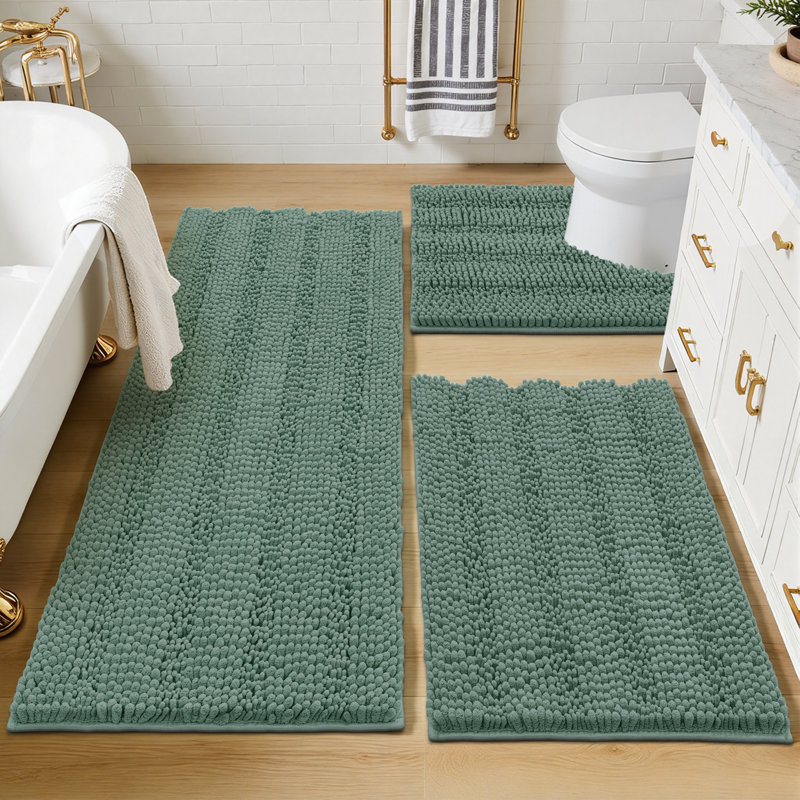 Ensemble de 3 tapis de bain doux et absorbant avec envers antidérapant, Vert