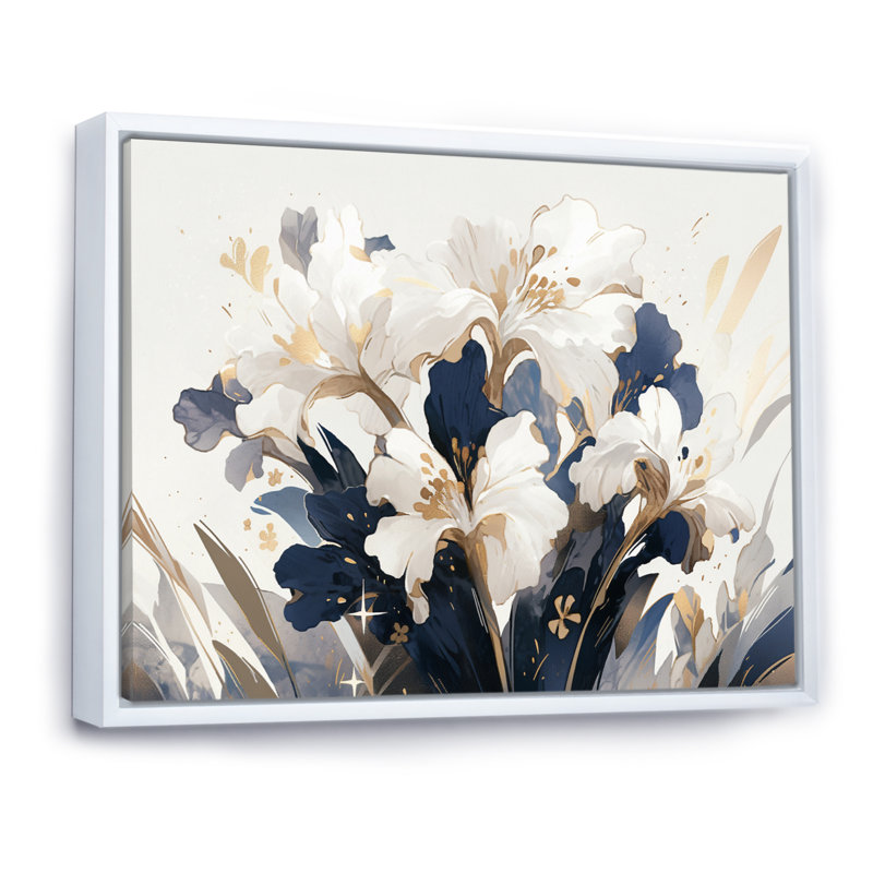Or doré, impressions d'iris blanc, H 30 po x l 40 po x P 1,5 po, Cadre flottant blanc