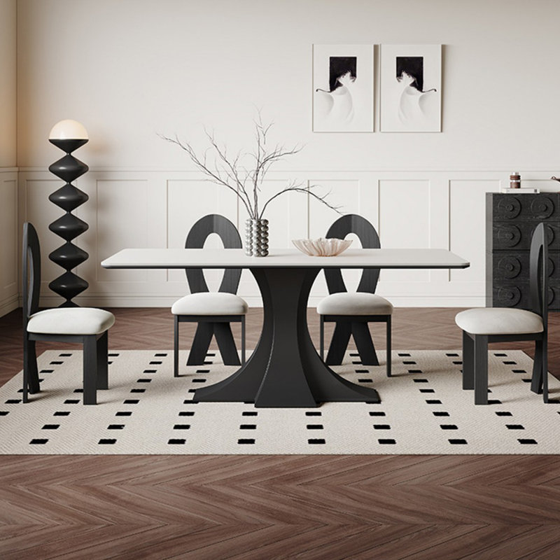 4 - Person White + Black Rectangular Sintered Stone Tabletop Dining Table Set, 29.53"H x 62.99"L x 31.5"W