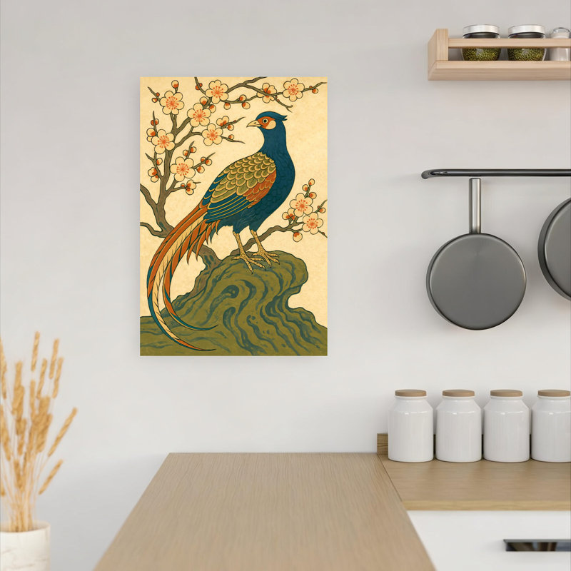 Art mural bleu, faisan bleu et fleurs, H 18 po x l 12 po